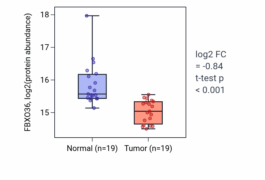 Tumor-vs-normal mass-spec protein box plot for FBXO36 in LSCC.