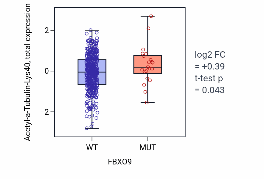 Box plot of Acetyl-a-Tubulin-Lys40 in FBXO9-low vs FBXO9-high samples in UCEC.