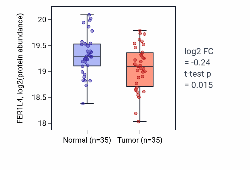 Tumor-vs-normal mass-spec protein box plot for FER1L4 in LUAD.