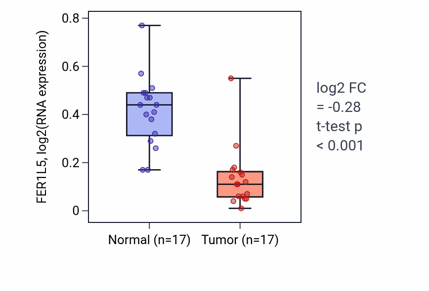 Tumor-vs-normal expression box plot for FER1L5 in THCA.