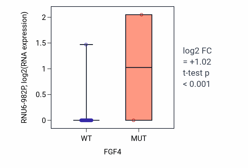 Box plot of RNU6-982P in FGF4-low vs FGF4-high samples in LUAD.