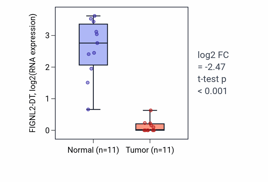 Tumor-vs-normal expression box plot for FIGNL2-DT in KICH.