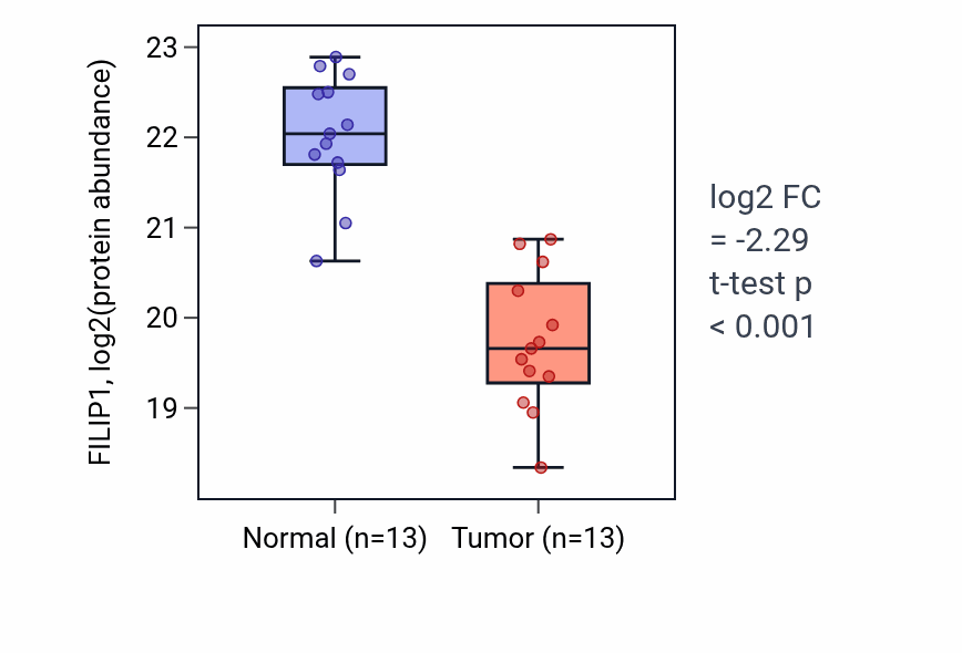 Tumor-vs-normal mass-spec protein box plot for FILIP1 in COAD.
