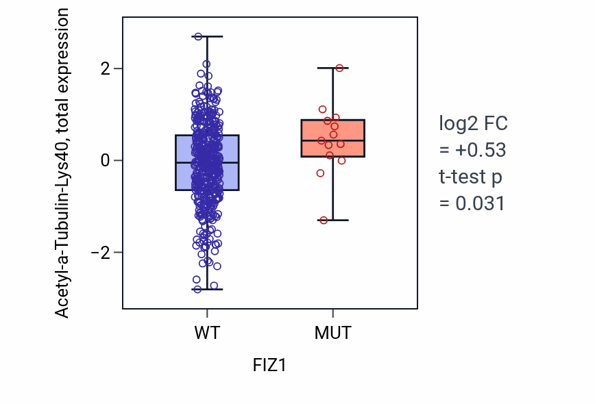 Box plot of Acetyl-a-Tubulin-Lys40 in FIZ1-low vs FIZ1-high samples in UCEC.