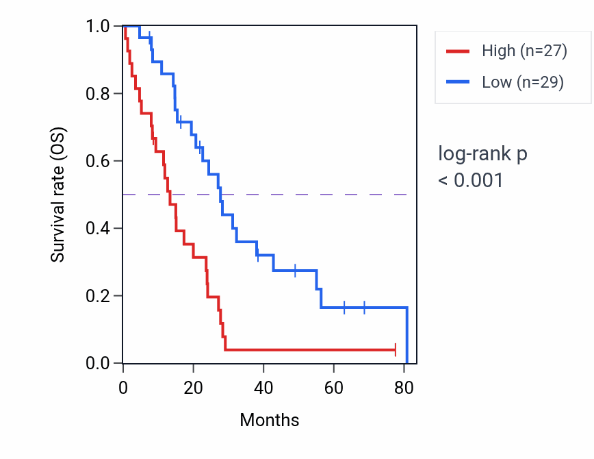 Kaplan&ndash;Meier survival curve for FKBP4 RNA expression in MESO: high vs low expression groups.