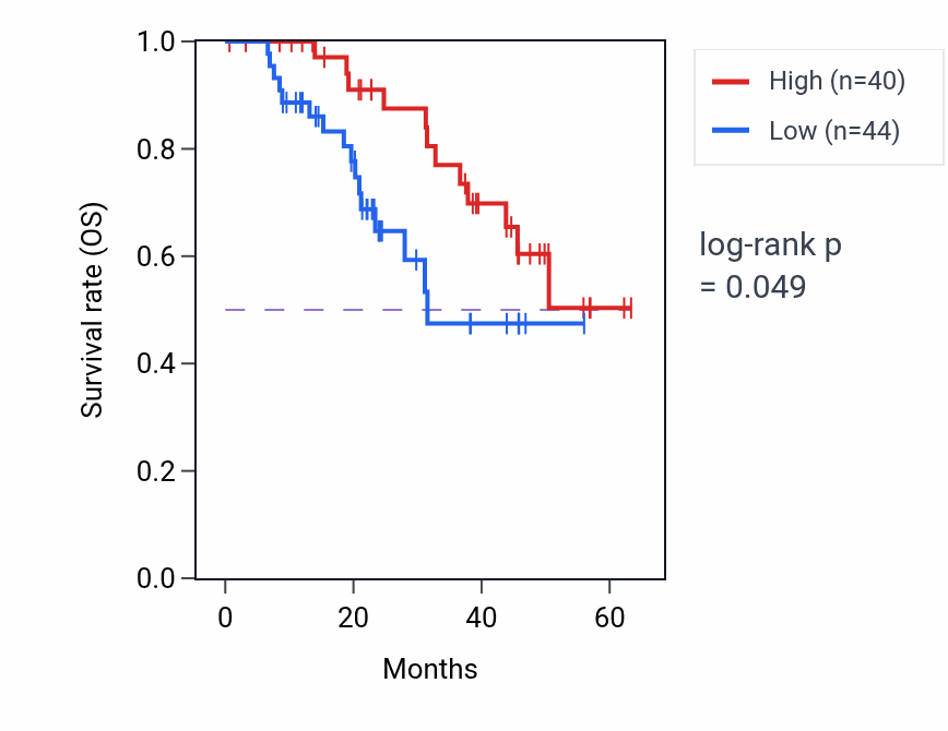 Kaplan&ndash;Meier survival curve for FLCN mass-spec protein-high vs -low samples in HNSC.