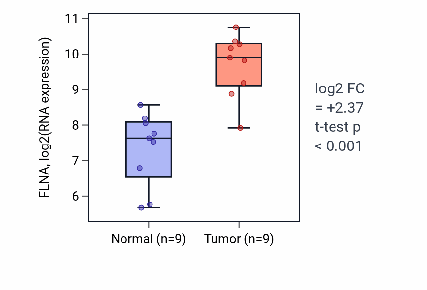 Tumor-vs-normal expression box plot for FLNA in HNSC.