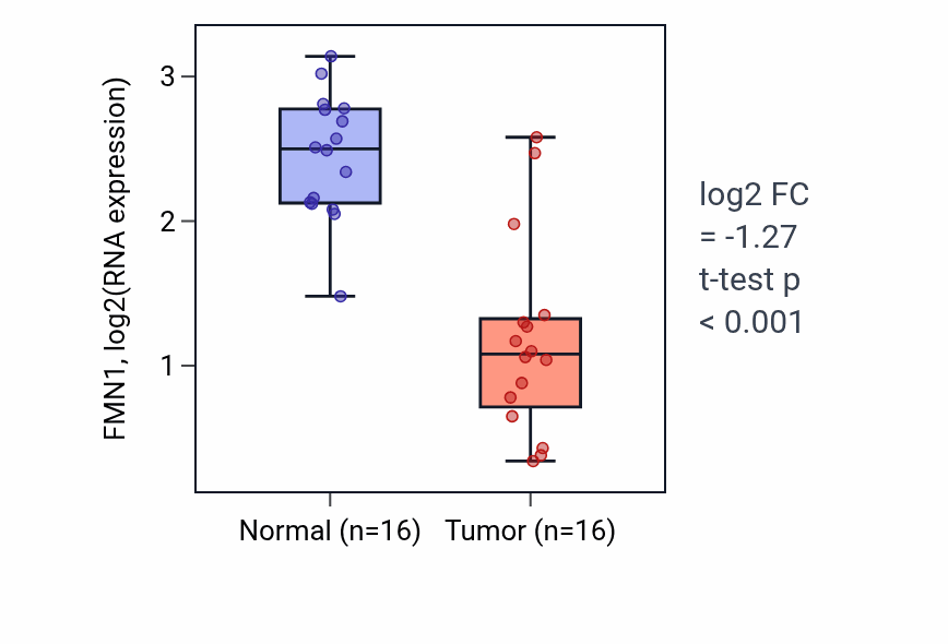 Tumor-vs-normal expression box plot for FMN1 in LUSC.