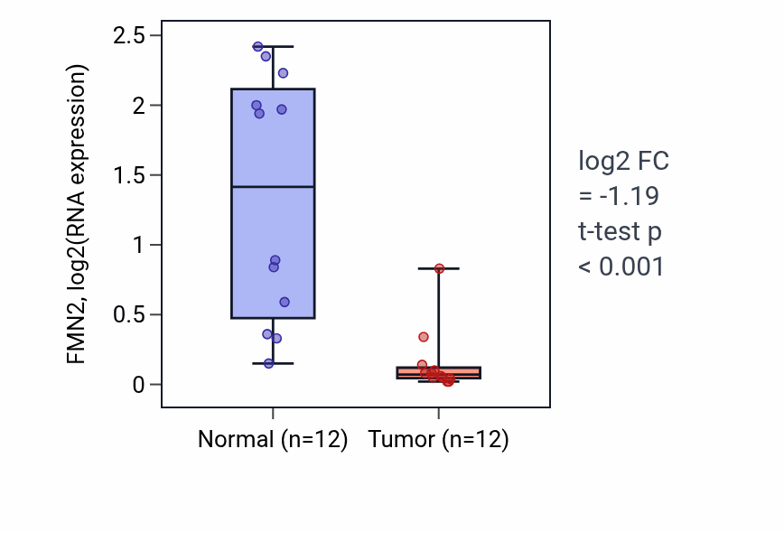 Tumor-vs-normal expression box plot for FMN2 in KIRC.