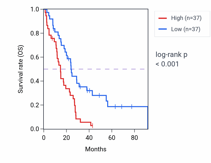 Kaplan&ndash;Meier survival curve for FNDC11 RNA expression in MESO: high vs low expression groups.