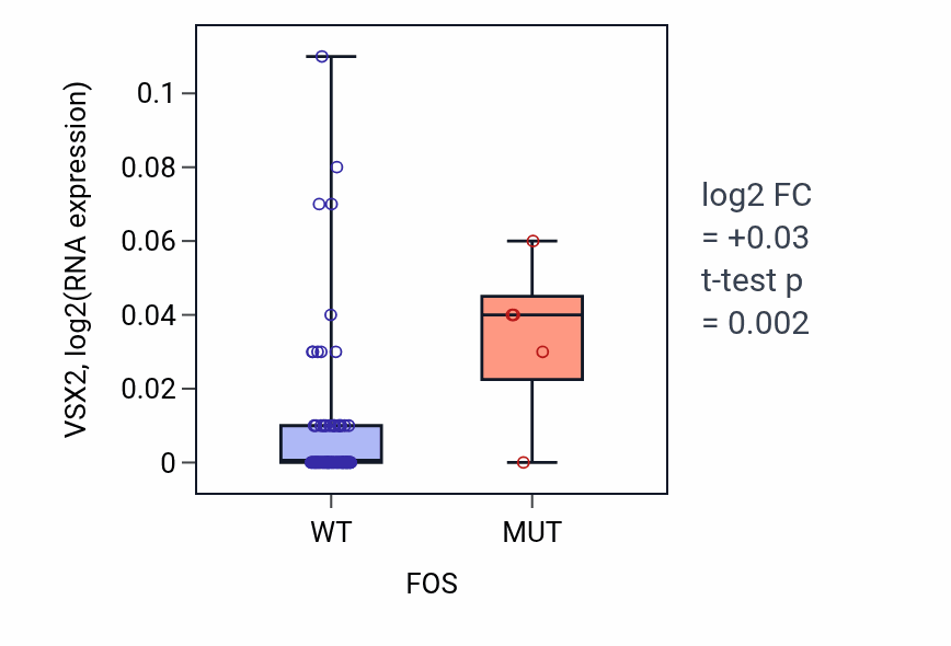 Box plot of VSX2 in FOS-low vs FOS-high samples in BLOOD_Leukemia.
