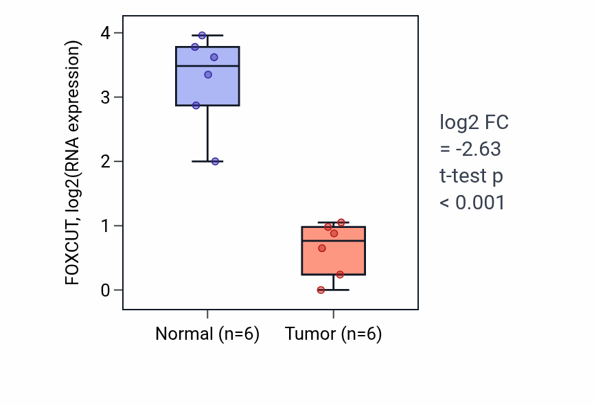 Tumor-vs-normal expression box plot for FOXCUT in KIRC.