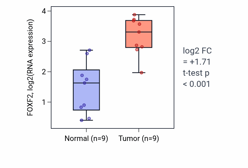 Tumor-vs-normal expression box plot for FOXF2 in HNSC.