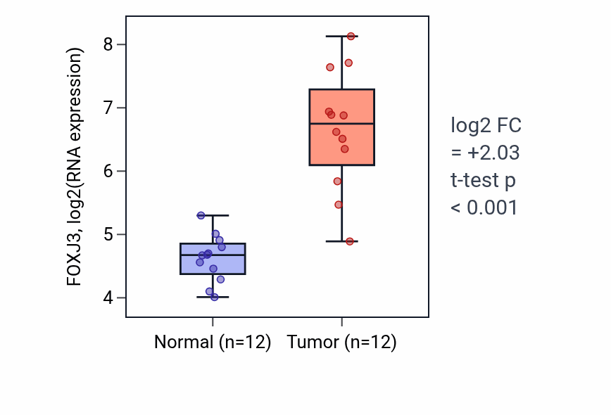 Tumor-vs-normal expression box plot for FOXJ3 in KIRC.