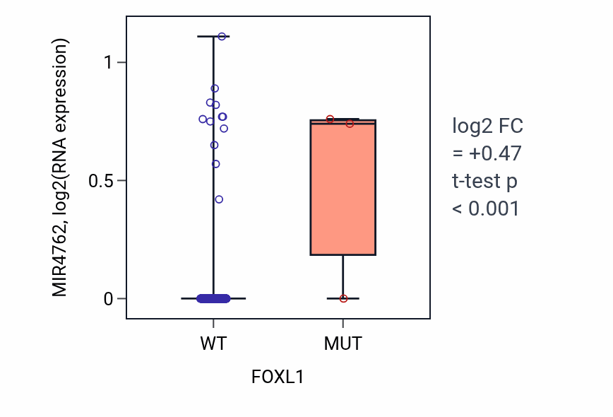Box plot of MIR4762 in FOXL1-low vs FOXL1-high samples in LIHC.
