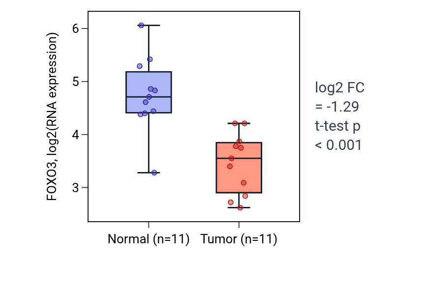 Tumor-vs-normal expression box plot for FOXO3 in KICH.