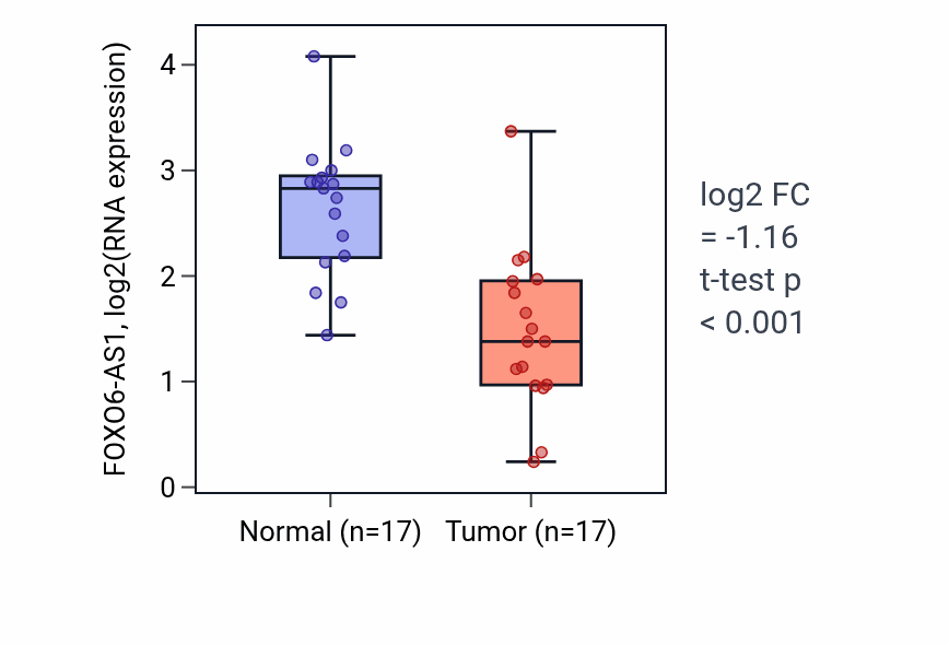 Tumor-vs-normal expression box plot for FOXO6-AS1 RNA in THCA.