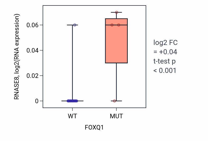 Box plot of RNASE8 in FOXQ1-low vs FOXQ1-high samples in URINARY_TRACT.