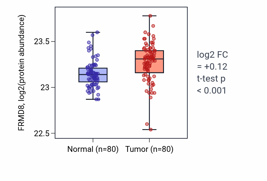 Tumor-vs-normal mass-spec protein box plot for FRMD8 in CCRCC.