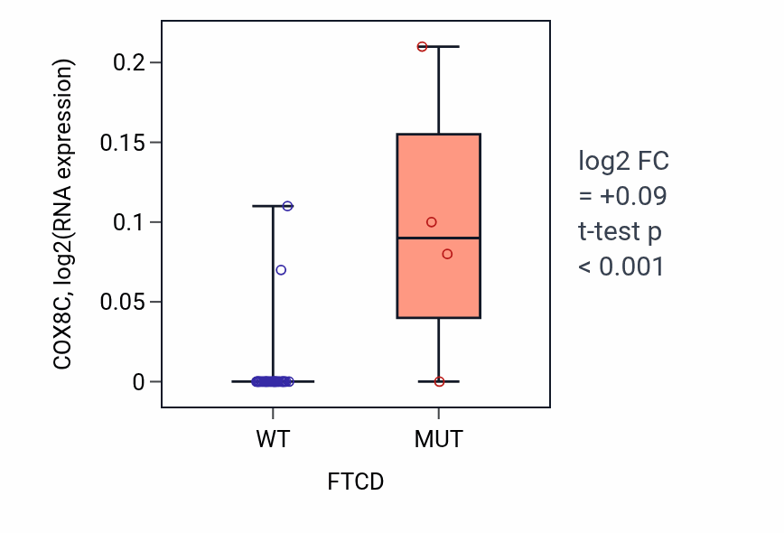 Box plot of COX8C in FTCD-low vs FTCD-high samples in URINARY_TRACT.