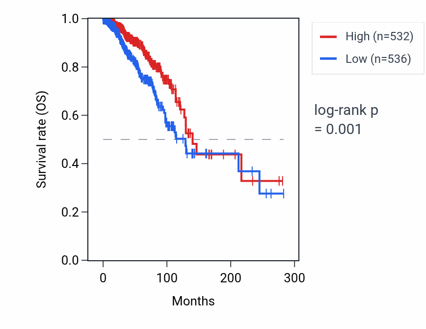 Kaplan&ndash;Meier survival curve for FYB2 RNA expression in BRCA: high vs low expression groups.