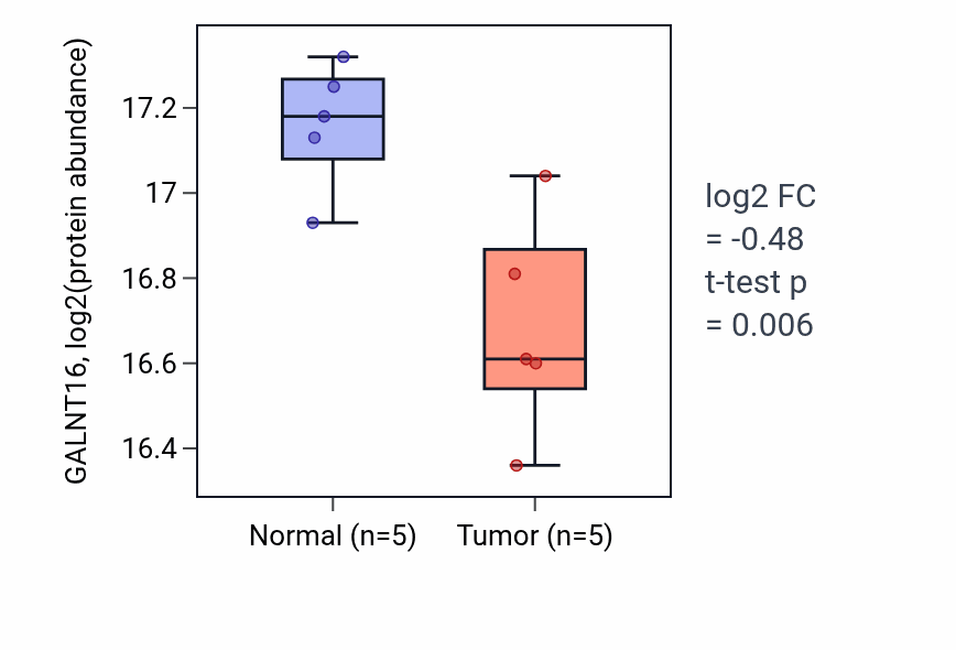 Tumor-vs-normal mass-spec protein box plot for GALNT16 in HNSC.