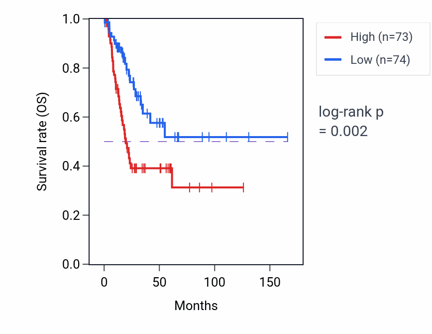 Kaplan&ndash;Meier survival curve for GALNT6 RNA expression in BLCA: high vs low expression groups.