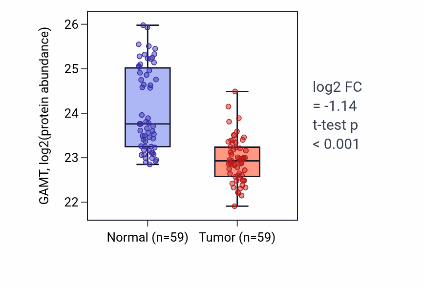 Tumor-vs-normal mass-spec protein box plot for GAMT in HNSC.