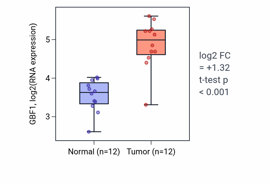 Tumor-vs-normal expression box plot for GBF1 in LIHC.