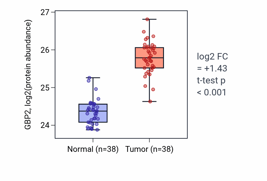 Tumor-vs-normal mass-spec protein box plot for GBP2 in CCRCC.