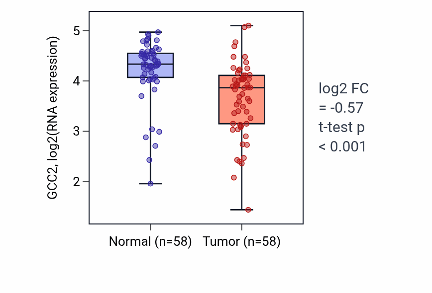 Tumor-vs-normal expression box plot for GCC2 in THCA.
