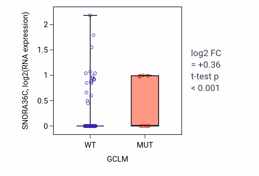 Box plot of SNORA36C in GCLM-low vs GCLM-high samples in UCEC.