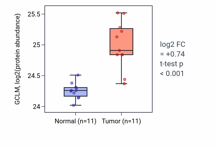 Tumor-vs-normal mass-spec protein box plot for GCLM in CCRCC.