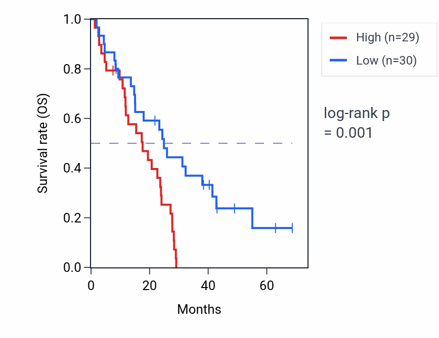 Kaplan&ndash;Meier survival curve for GCN1 RNA expression in MESO: high vs low expression groups.