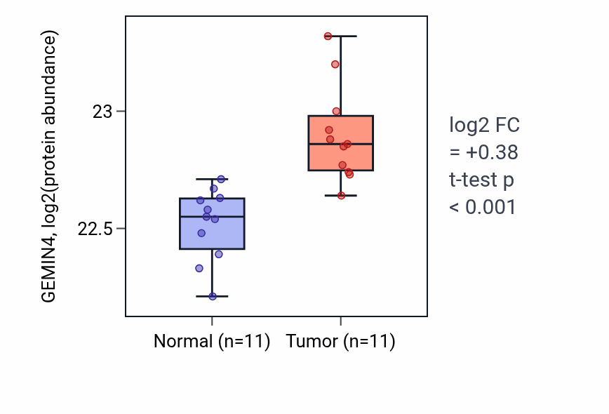 Tumor-vs-normal mass-spec protein box plot for GEMIN4 in CCRCC.