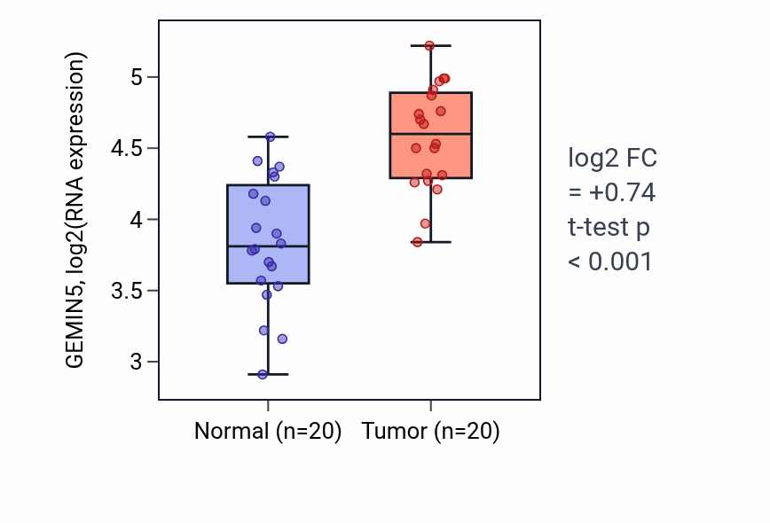 Tumor-vs-normal expression box plot for GEMIN5 in KIRC.