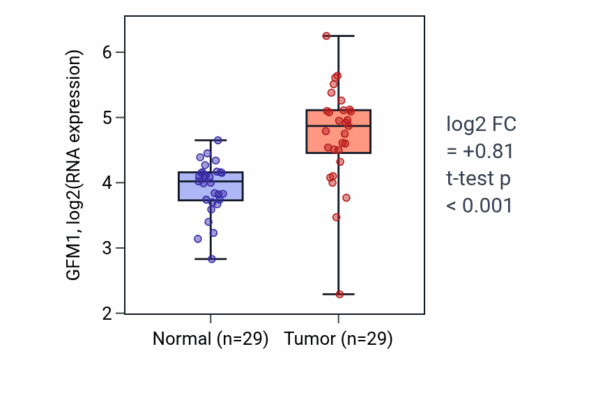 Tumor-vs-normal expression box plot for GFM1 in HNSC.