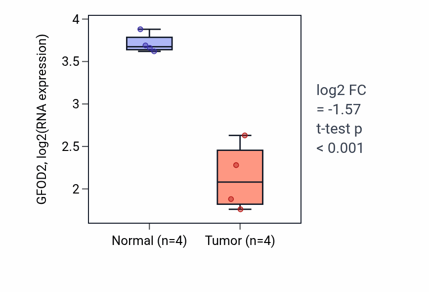 Tumor-vs-normal expression box plot for GFOD2 in THCA.