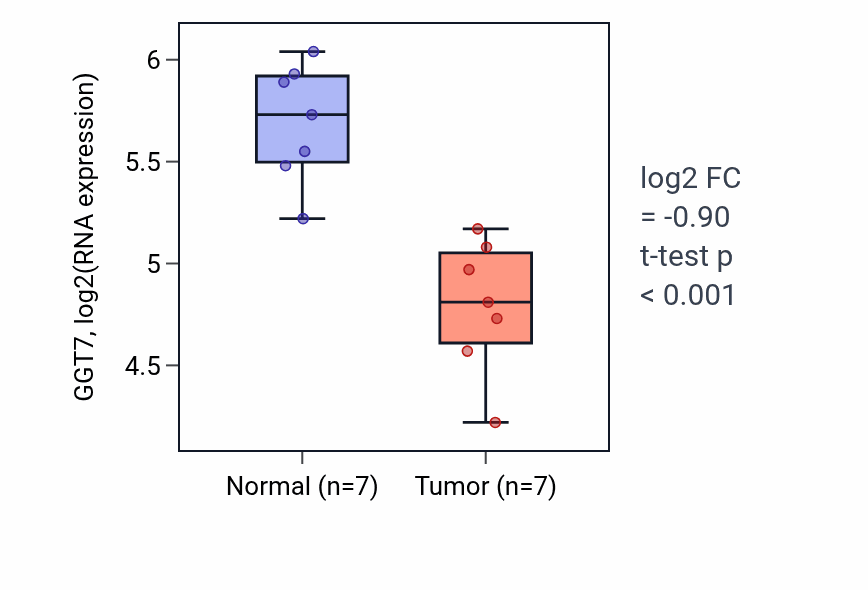 Tumor-vs-normal expression box plot for GGT7 in THCA.