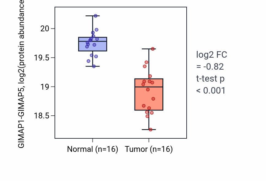 Tumor-vs-normal mass-spec protein box plot for GIMAP1-GIMAP5 in LSCC.