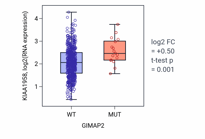 Box plot of KIAA1958 in GIMAP2-low vs GIMAP2-high samples in UCEC.