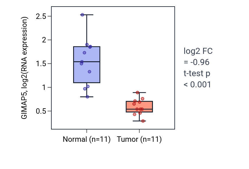 Tumor-vs-normal expression box plot for GIMAP5 in KICH.