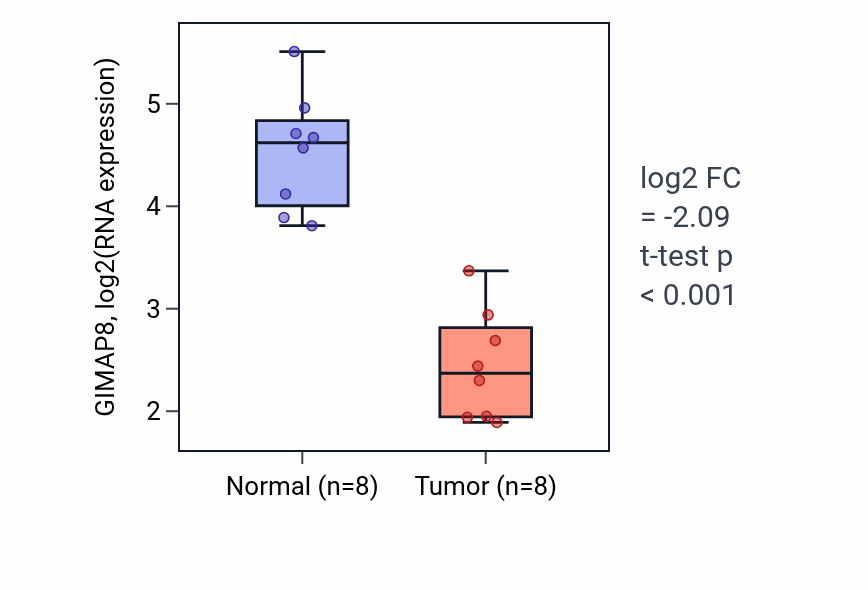 Tumor-vs-normal expression box plot for GIMAP8 in KICH.