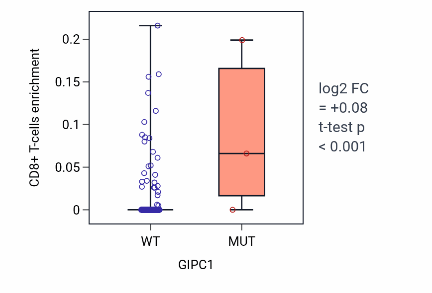 Box plot of CD8+ T-cells in GIPC1-low vs GIPC1-high samples in HNSC.