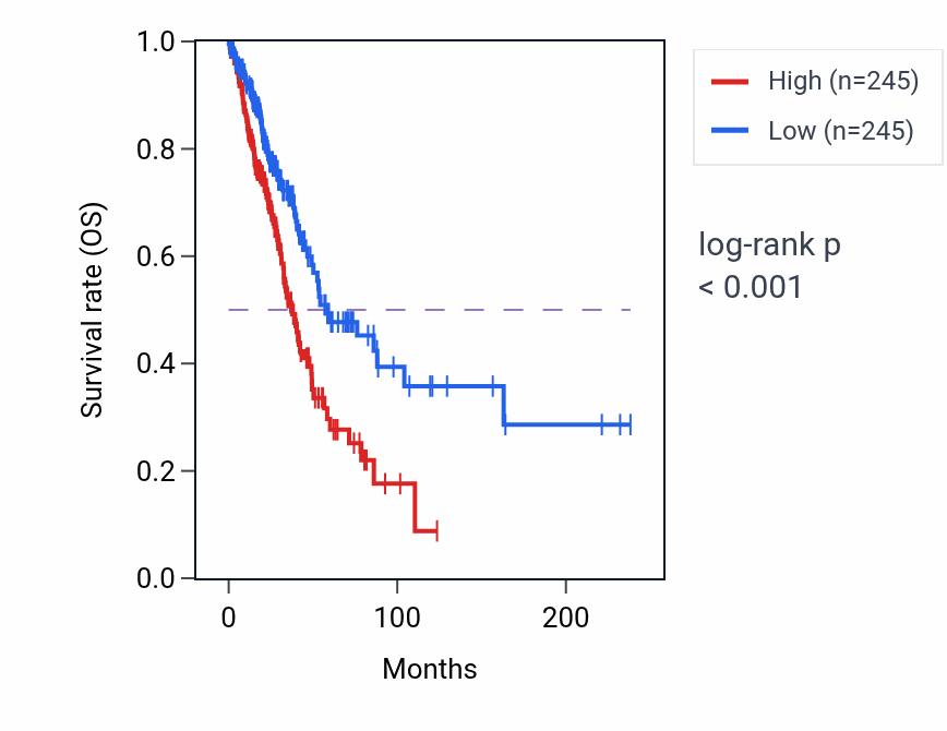 Kaplan&ndash;Meier survival curve for GJB2 RNA expression in LUAD: high vs low expression groups.