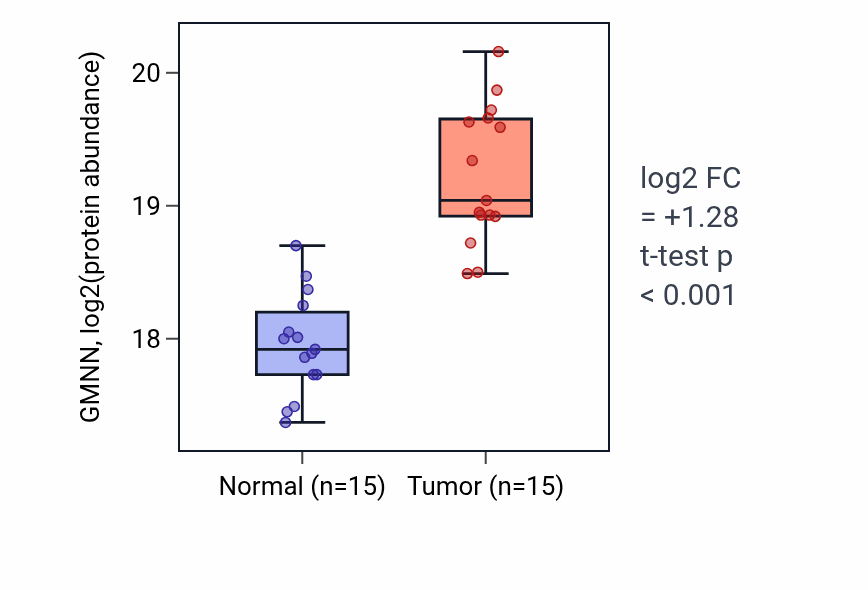 Tumor-vs-normal mass-spec protein box plot for GMNN in HNSC.
