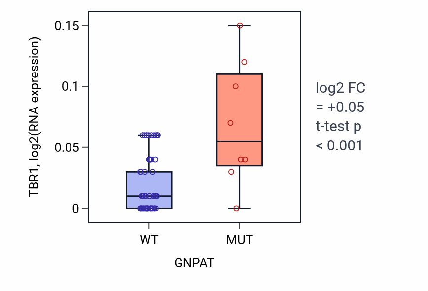 Box plot of TBR1 in GNPAT-low vs GNPAT-high samples in LARGE_INTESTINE.