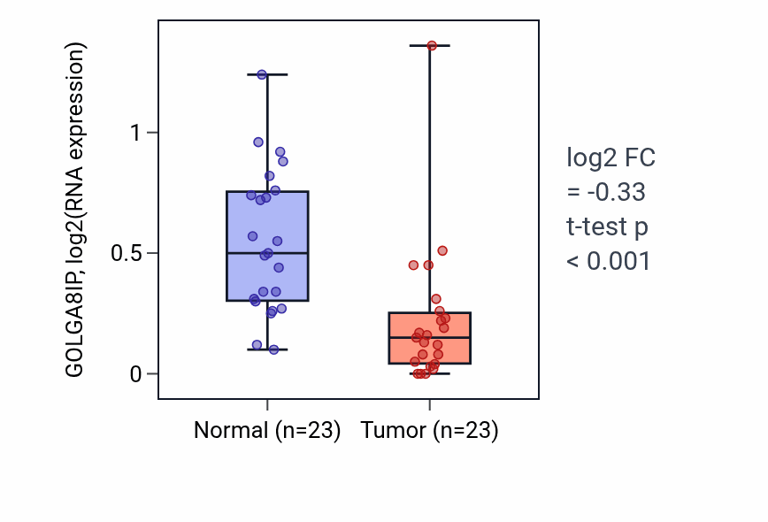 Tumor-vs-normal expression box plot for GOLGA8IP in THCA.