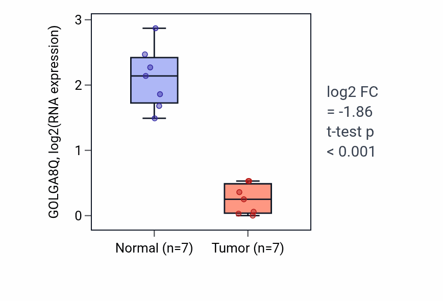 Tumor-vs-normal expression box plot for GOLGA8Q RNA in THCA.