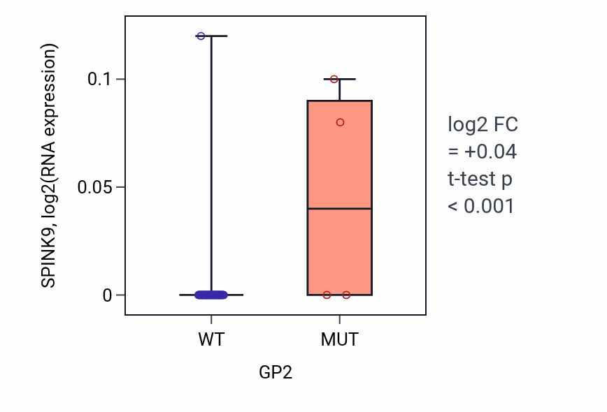 Box plot of SPINK9 in GP2-low vs GP2-high samples in SKIN.